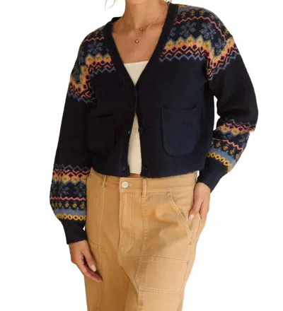 Skies Are Blue Intarsia V Neck Cardigan In Navy Blue In Black