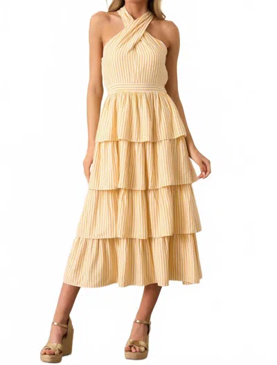 Skies Are Blue Krista Stripe Halter Tiered Midi Dress In Yellow