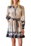 Skies Are Blue Long Sleeve Border Print Shirt Mini Dress In Beige/ Black In Multi