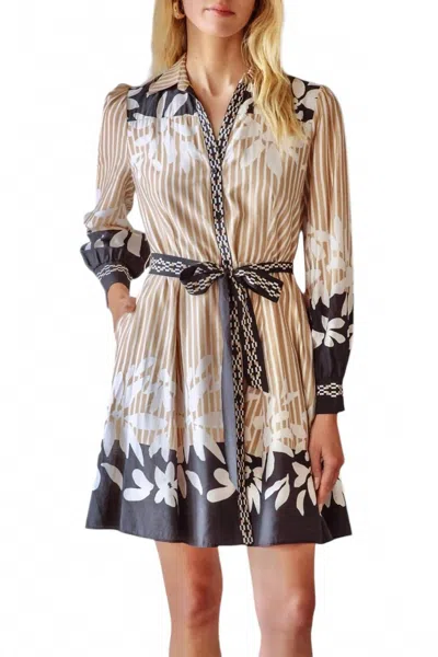 Skies Are Blue Long Sleeve Border Print Shirt Mini Dress In Beige/ Black In Multi