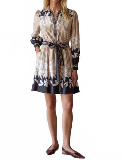 SKIES ARE BLUE LONG SLEEVE BORDER SHIRT MINI DRESS IN BEIGE/BLACK