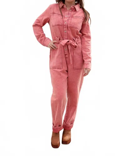 Skies Are Blue Long Sleeve Cotton Twill Jumpsuit In Pinkish Rust