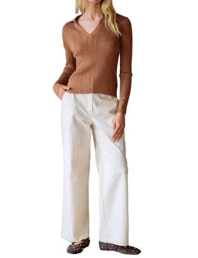 Skies Are Blue Long Sleeve Ribbed Knit Collared Shirt In Mocha In Brown