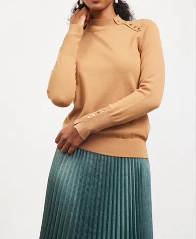 Skies Are Blue Mock Neck Button Top In Camel In Brown