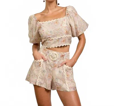 SKIES ARE BLUE PAISLEY PRINT HIGH WAITED BELTED SHORTS IN CREAM/MULTI