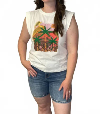 Skies Are Blue Palm Graphic Sleeveless Tee Top In White In Multi