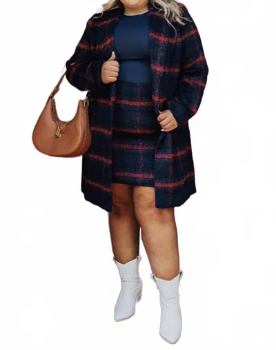 Skies Are Blue Plaid Long Coat In Navy/orange In Multi