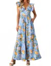 Skies Are Blue Plus-size Lemon Print Maxi Dress In Blue/ Orange In Multi