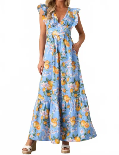 Skies Are Blue Plus-size Lemon Print Maxi Dress In Blue/ Orange In Multi