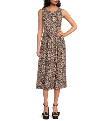 Skies Are Blue Poplin Midi Dress In Leopard Print In Brown