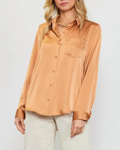 Skies Are Blue Presidential Satin Button Down Blouse With Pocket In Ginger Brown In Orange