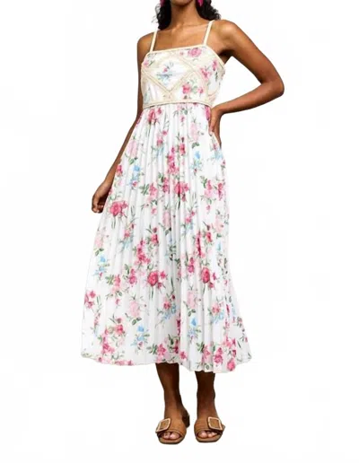 Skies Are Blue Printed Crochet Patch Pleated Sleeveless Midi Dress In Off White-multi