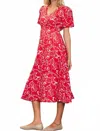 Skies Are Blue Puff Sleeve V-neck Midi Dress In Red Floral In Red