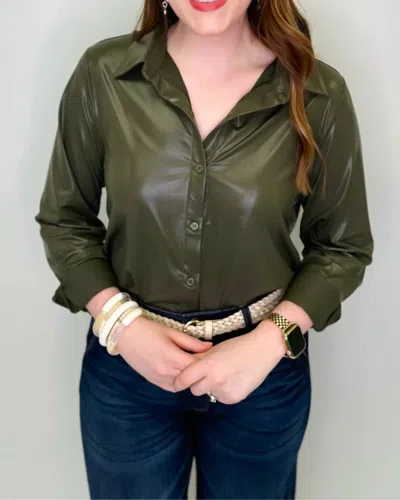 Skies Are Blue Raines Liquid Leather Button Down In Dark Olive In Green