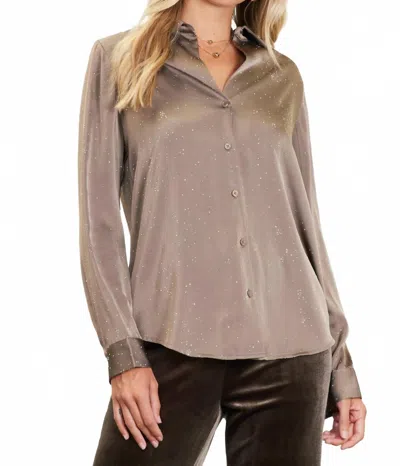 Skies Are Blue Rhinestone Button Down Blouse In Olive In Brown