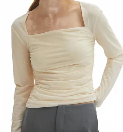 Skies Are Blue Rushed Waist Long Sleeve Top In Cream In White
