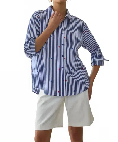 Skies Are Blue Star Embroidered Striped Button-down Blouse In Blue/white