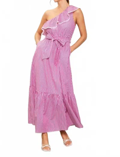 Skies Are Blue Striped One Shoulder Ruffle Midi Dress In Multi In Purple