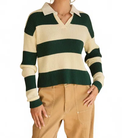 Skies Are Blue Striped Ribbed Knit Polo Shirt In Cream-hunter Green In Multi