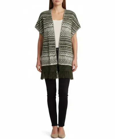 Skies Are Blue Tribal Pattern With Fringe Open Poncho In Green