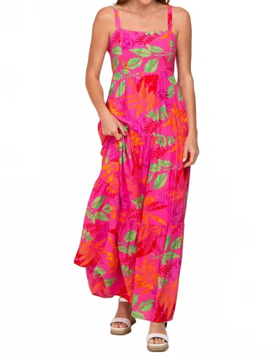 Skies Are Blue Tropical Leaf Tiered Maxi Dress In Pink