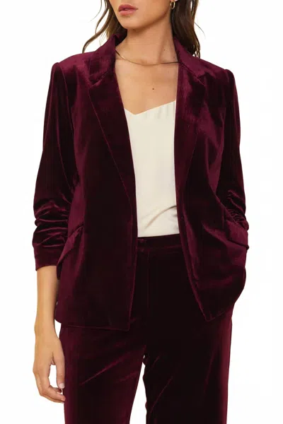 Skies Are Blue Velvet Crush Blazer With Bunched Sleeves In Burgundy