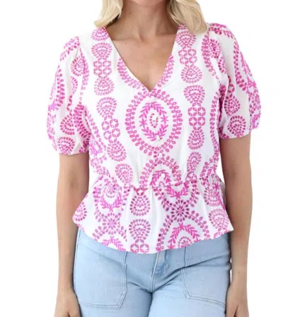 Skies Are Blue Violet Embroidered Top In White-rose In Multi