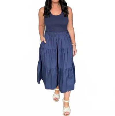 Skies Are Blue Women's Knit Tank Poplin Skirt Midi Dress In Navy Blue