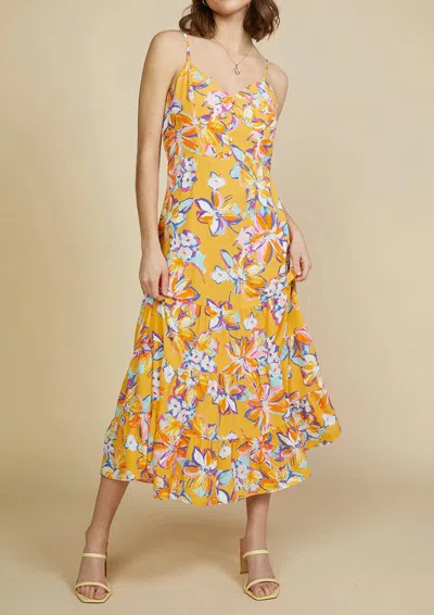 Skies Are Blue Woven Floral Printed Midi Dress In Mango Sorbet In Multi