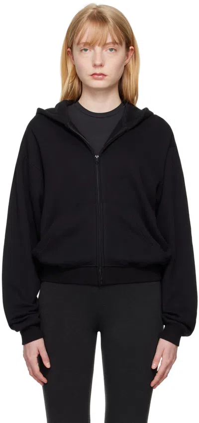 Skims Black Cotton Fleece Classic Zip Up Hoodie In Onyx