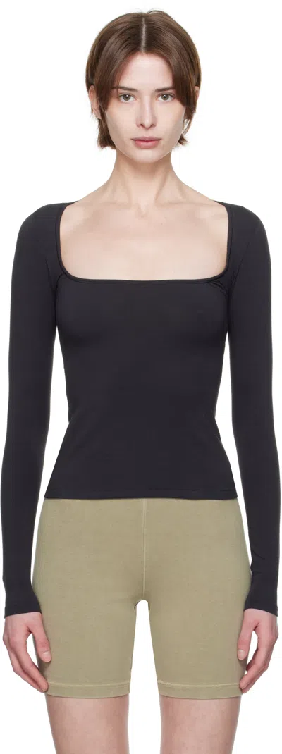 Skims Black Cotton Jersey Scoop Neck Long Sleeve T-shirt In Soot
