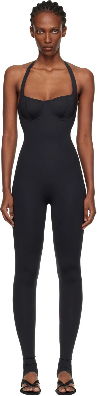Skims Black  Body Halter Stirrup Unitard