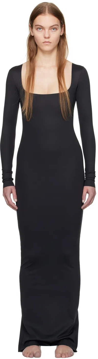 Skims Black  Body Long Sleeve Long Slip Maxi Dress In Onyx