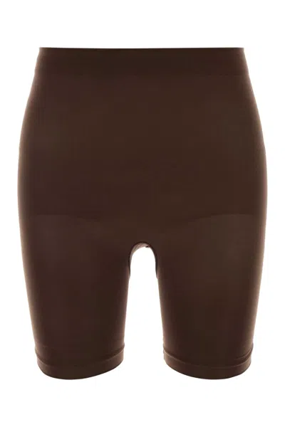 Skims Cocoa Stretch Nylon Sculpt Mini Shorts In Brown