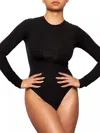 Skims Fits Everybody Long Sleeve Crew Neck Bodysuit In Onyx In Black
