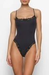 Skims Fits Everybody Lace-trimmed Stretch-jersey Thong Bodysuit In Black