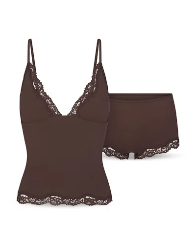 Skims Fits Everybody Lace Camisole & Boyshorts Set In Brown