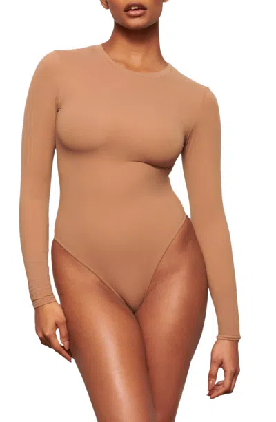 Skims Fits Everybody Long Sleeve Crew Neck Bodysuit In Sienna