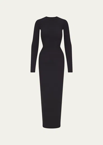 Skims Bodycon Long-sleeve Crewneck Maxi Dress In Onyx