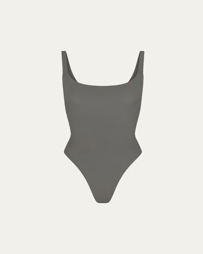 Skims Fits Everybody Square-neck Bodysuit In Gunmetal