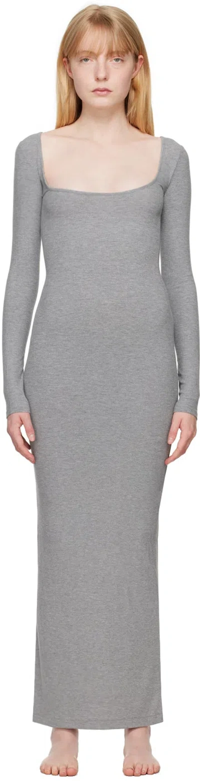 Skims Gray Soft Lounge Long Sleeve Maxi Dress In Heather Gray