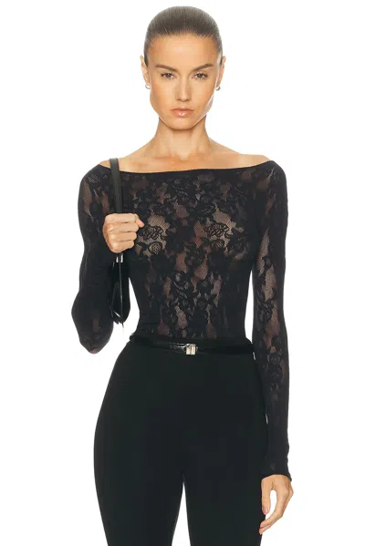 Skims Knit Lace Long Sleeve Boatneck Top In Black