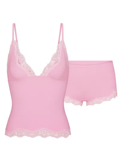 Skims Lace-trimmed Camisole And Shorts Set In Pink