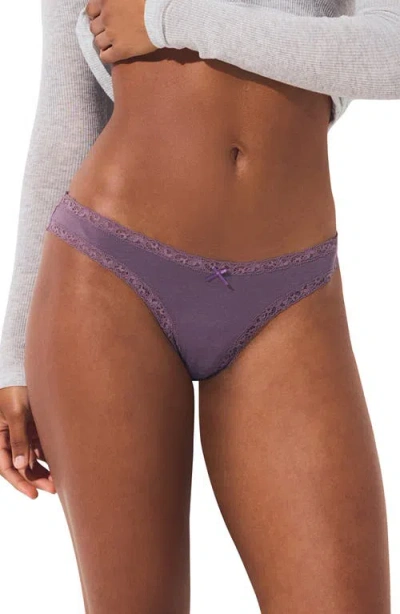 Skims Lightweight Cotton Lace Trim Thong In Purple
