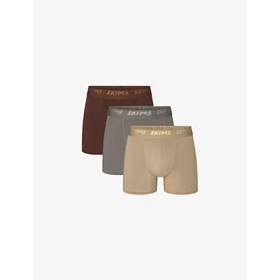 SKIMS MENS BRANDED-WAISTBAND 3IN PACK OF THREE STRETCH-MODAL BOXER BRIEFS DESERT MULTI