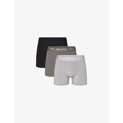 SKIMS MENS BRANDED-WAISTBAND 3IN PACK OF THREE STRETCH-MODAL BOXER BRIEFS GUNMETAL MULTI XL