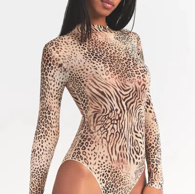 Skims Mock Neck Long Sleeve Bodysuit In Brown