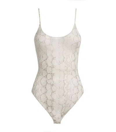 Skims Milky Sheer Snake Print Thong Bodysuit In Neutral