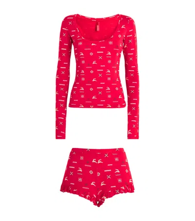 Skims Modal-blend Festive Print Pyjama Top In Red