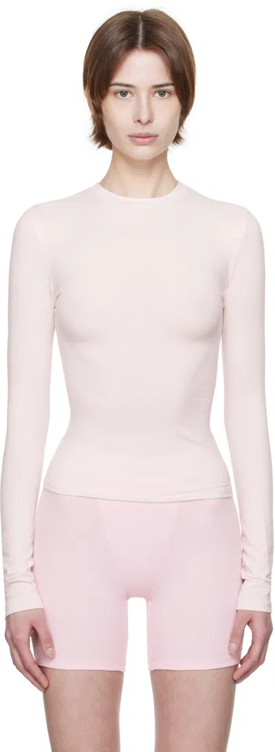 Skims Pink Cotton Jersey Long Sleeve T-shirt In Barely Pink